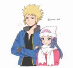  1boy 1girl beanie black_shirt blonde_hair blue_eyes blue_jacket closed_mouth coat commentary_request crossed_arms dawn_(pokemon) grey_eyes hair_ornament hairclip hat jacket long_hair long_sleeves open_clothes open_jacket pachiko_(norazaemon38) poke_ball_print pokemon pokemon_(game) pokemon_dppt pokemon_platinum scarf shirt short_hair smile spiked_hair volkner_(pokemon) white_headwear white_scarf 