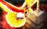  animal_focus bird commentary_request flying ho-oh no_humans open_mouth pokemon pokemon_(creature) red_eyes sagemaru-br solo sparkle tongue 