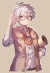  1boy adjusting_clothes adjusting_headwear bandam breast_pocket brown_jacket closed_mouth collared_shirt cowboy_shot cropped_legs dress_shirt expressionless glasses grey_background grey_hair highres jacket jiruo_(made_in_abyss) long_hair looking_at_viewer made_in_abyss male_focus open_clothes open_jacket outline pocket scroll shirt short_hair signature simple_background sleeves_rolled_up solo whistle whistle_around_neck white_outline white_shirt 