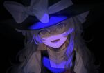  1girl :d black_background black_headwear bow braid face glowing hat hat_bow highres jill_07km kirisame_marisa long_hair lower_teeth open_mouth smile solo teeth touhou witch_hat 