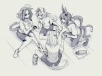  4girls admire_vega_(umamusume) ahoge animal_ears bangs bottle breasts cellphone crown greyscale hairband highres holding holding_bottle holding_phone horse_ears horse_girl horse_tail long_hair looking_at_viewer lotus_position low_ponytail mame_nabe_donko medium_breasts meisho_doto_(umamusume) mini_crown monochrome multiple_girls narita_top_road_(umamusume) one_knee open_mouth phone shirt shoes short_hair shorts sitting small_breasts smartphone smile sneakers socks t-shirt t.m._opera_o_(umamusume) tail thermos towel towel_around_neck umamusume water_bottle 