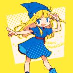  1girl :d ahoge bangs blonde_hair blue_dress blue_eyes blue_footwear bracelet copyright_name dress feet_out_of_frame full_body index_finger_raised jewelry long_hair looking_at_viewer madou_monogatari open_mouth polka_dot puyopuyo rakuni short_sleeves smile solo standing star_(symbol) two-tone_background v-shaped_eyebrows white_background witch_(puyopuyo) yellow_background 