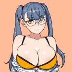  bangs blue-framed_eyewear bra breasts cleavage closed_mouth glasses grey_hair highres large_breasts long_hair onsen_tamago_(hs_egg) orange_background original shirt simple_background twintails underwear undressing upper_body white_shirt yellow_bra yellow_eyes 