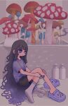  1girl bangs black_hair black_shorts blunt_bangs crocs gradient_hair long_hair multicolored_hair mushroom no_nose original purple_eyes purple_hair purple_shirt razor sakura_szm shaving shirt short_sleeves shorts socks solo tally very_long_hair watering_can white_legwear 