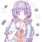  1girl bangs blue_eyes blue_shirt blueberry blush braid copyright_request food fruit hand_up long_hair looking_at_viewer neck_ribbon orange_ribbon purple_hair ribbon ribbon_braid shirt short_sleeves solo sophie_(tales) tales_of_(series) tales_of_graces upper_body white_background yalmyu 