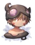  1boy bandam bare_shoulders brown_hair closed_mouth commentary_request cropped_torso dark-skinned_male dark_skin facial_mark fake_horns floral_background helmet highres horned_headwear horned_helmet horns looking_at_viewer made_in_abyss male_child male_focus pointy_ears portrait regu_(made_in_abyss) short_hair signature slit_pupils solo split_mouth thick_eyebrows white_background yellow_eyes 