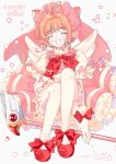  1girl absurdres artist_name bow cardcaptor_sakura closed_eyes commentary_request footwear_bow frills full_body fuuin_no_tsue highres kinomoto_sakura knees_up open_mouth pink_headwear pink_ribbon red_bow red_footwear ribbon sitting smile solo star_(symbol) thighhighs white_legwear yalmyu 