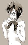  1girl asymmetrical_hair bangs banned_artist blush bow bowtie breasts closed_mouth flying_sweatdrops glasses greyscale kantai_collection looking_at_viewer makio_(makiomeigenbot) monochrome okinami_(kancolle) short_hair simple_background small_breasts solo sweat topless upper_body 