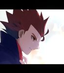  1boy black_cape brown_eyes cape closed_mouth commentary_request furrowed_brow hand_up highres kk_ntozai lance_(pokemon) letterboxed male_focus pokemon pokemon_(game) pokemon_hgss popped_collar red_hair serious short_hair solo spiked_hair upper_body white_background 