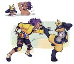  1boy alternate_color black_shirt black_shorts closed_mouth commentary_request dark-skinned_male dark_skin facial_hair gloves jacket kicking knee_pads leon_(pokemon) lucario male_focus master_dojo_uniform motion_blur pokemon pokemon_(game) pokemon_swsh purple_hair sagemaru-br sash shiny_pokemon shirt shoes shorts signature smile sparring standing steam wet white_footwear white_gloves wristband yellow_eyes yellow_jacket 