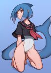 1girl bare_legs barefoot black_sailor_collar black_shirt blue_background borrowed_character covered_navel fellming fish_tail highres looking_at_viewer neckerchief one-piece_swimsuit original red_eyes red_neckerchief sailor_collar shadow shark_fin shark_girl shark_girl_(azuumori) shark_tail shirt short_sleeves simple_background smile solo swimsuit swimsuit_under_clothes tail white_swimsuit 