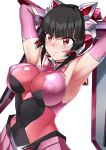  1girl absurdres alternate_breast_size armpits arms_up bangs black_hair blunt_bangs blush breasts covered_navel covered_nipples highres large_breasts leotard long_hair looking_at_viewer older pink_eyes pink_leotard senki_zesshou_symphogear shiny shiny_hair shiny_skin simple_background skirt solo standing sweat tsukuyomi_shirabe twintails white_background zasshu_nigou 