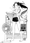  1girl a:n_(angrynum) bare_legs barefoot blush closed_eyes clothes_lift commentary electric_fan floating_hair food food_in_mouth full_body greyscale halo highres hololive hololive_english ice_cream lifted_by_self long_hair low_wings midriff monochrome mouth_hold multicolored_hair navel ninomae_ina&#039;nis pointy_ears ponytail popsicle revision shirt shirt_lift short_shorts short_sleeves shorts sidelocks solo standing streaked_hair sweat tako_(ninomae_ina&#039;nis) very_long_hair virtual_youtuber wings 