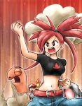  2girls bandana belt belt_buckle breasts brown_hair buckle chibi chibi_inset clenched_hands combusken flannery_(pokemon) hand_up kicdon may_(pokemon) midriff multiple_girls navel open_mouth pants pokemon pokemon_(creature) pokemon_(game) pokemon_rse red_eyes red_hair standing steam sweat teeth torkoal upper_teeth 