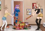  3girls alternate_costume bare_shoulders black_legwear blonde_hair closed_eyes fire_emblem fire_emblem:_the_blazing_blade fire_emblem_awakening fire_emblem_fates fireworks florina_(fire_emblem) fourth_of_july grandmother_and_granddaughter highres igni_tion indoors lissa_(fire_emblem) multiple_girls open_mouth ophelia_(fire_emblem) purple_hair skirt 