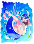  1girl arms_up bare_legs barefoot black_shirt blue_hair borrowed_character bubble fish_tail full_body g_u_g_zy halftone highres medium_hair neckerchief one-piece_swimsuit one_eye_closed original red_eyes red_neckerchief shark_fin shark_girl shark_girl_(azuumori) shark_tail shirt short_sleeves solo swimsuit tail white_swimsuit 