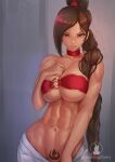  1girl abs artist_name avatar:_the_last_airbender avatar_(series) bandeau bare_shoulders braid braided_ponytail breasts brown_eyes brown_hair choker cleavage cowboy_shot highres impaling_poetry large_breasts long_hair looking_at_viewer midriff navel o-ring o-ring_top red_choker single_braid solo ty_lee very_long_hair 
