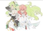  1boy 1girl coat detached_sleeves dress elf elsword elsword_(character) facing_to_the_side facing_viewer green_eyes green_hair linbai22 long_sleeves looking_at_another pointy_ears red_eyes red_hair rena_erindel sacred_templar_(elsword) short_hair sketch smile tale_spinner_(elsword) teeth white_background 