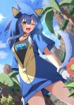  1girl ;d bird blue_hair blue_sky bone_hair_ornament bowsan cartoon_bone clothes_writing cloud cosplay day dog_girl dog_tail fang green_eyes green_hill_zone hair_ornament highres hololive hood hoso-inu inugami_korone looking_at_viewer one_eye_closed palm_tree sega short_sleeves skin_fang sky smile sonic_(series) sonic_the_hedgehog sonic_the_hedgehog_(cosplay) standing tail thighs tree virtual_youtuber 