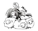  1girl :3 ahoge animal animal_ears animal_on_back bangs blanket carrot cat cat_on_person chibi closed_eyes full_body greyscale highres horse_ears horse_girl horse_tail mame_nabe_donko meisho_doto_(umamusume) monochrome sheep sleeping solo tail thought_bubble umamusume 