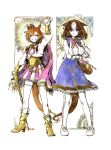  2girls ahoge animal_ears arm_up bag bangs between_breasts blue_dress boots breasts brown_hair cane cape closed_mouth corset crown dress frown full_body gloves grin high_heel_boots high_heels highres horse_ears horse_girl horse_tail jewelry large_breasts long_sleeves looking_at_viewer mame_nabe_donko medium_hair meisho_doto_(umamusume) mini_crown multicolored_hair multiple_girls open_mouth orange_hair pants purple_eyes ring shirt shoes short_hair shoulder_bag skirt smile standing strap_between_breasts t.m._opera_o_(umamusume) tail teeth thighhighs traditional_media two-tone_hair umamusume v-shaped_eyebrows white_gloves white_legwear white_pants white_shirt 