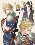  2boys adjusting_strap armor belt black_hair blonde_hair blue_eyes blue_legwear blue_pants blue_shirt blush boots brown_gloves chibi closed_eyes cloud_strife crisis_core_final_fantasy_vii earrings final_fantasy final_fantasy_vii full_body gloves grey_pants grey_shirt gun hair_between_eyes head_back helmet holding holding_helmet holding_stomach hugging_own_legs jewelry knee_pads ko102k1 laughing leaning_forward looking_at_viewer looking_back lower_teeth male_focus multiple_belts multiple_boys multiple_views muscular muscular_male pants parted_lips rifle shirt short_hair short_sleeves shoulder_armor single_earring sleeveless sleeveless_shirt spiked_hair sword tears teeth thigh_strap upper_body upper_teeth weapon weapon_on_back younger zack_fair 