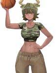  1girl absurdres animal_ears aurochs_(kemono_friends) ball bangs basketball breasts brown_eyes brown_pants camouflage camouflage_shirt cow_ears cow_girl cow_horns cowboy_shot crop_top green_hair green_shirt highres holding holding_ball horns kemono_friends large_breasts looking_at_viewer midriff pants shirt short_hair short_sleeves simple_background smile solo tefduck white_background 