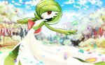  1other :d bench brown_eyes bush cloud commentary_request day gardevoir grass green_hair open_mouth outdoors petals pokemon pokemon_(creature) sagemaru-br sky smile solo tree 