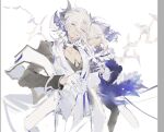  1boy 1girl ciel_(elsword) closed_eyes closed_mouth crown dress elsword gloves hand_on_another&#039;s_shoulder horns leaning_on_another leaning_on_person linbai22 long_hair long_sleeves luciela_r._sourcream open_mouth pointy_ears short_hair smile teeth white_background white_hair 