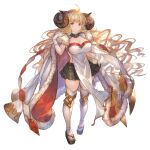  1girl ahoge anila_(granblue_fantasy) bangs black_skirt blonde_hair breasts cape cleavage closed_mouth curled_horns draph full_body fur-trimmed_cape fur_trim gloves granblue_fantasy hand_up horns large_breasts long_hair looking_at_viewer minaba_hideo official_art pelvic_curtain pleated_skirt simple_background skirt skirt_hold solo standing thighhighs transparent_background white_gloves white_legwear white_skirt yellow_eyes zouri 