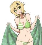  akatsuki_kirika bikini blonde_hair blush breasts cleavage green_eyes hair_ornament looking_at_viewer medium_breasts multiple_girls navel open_mouth senki_zesshou_symphogear shiny shiny_hair shiny_skin short_hair simple_background skindentation smile solo_focus standing striped striped_bikini swimsuit taniya teeth vertical_stripes white_background x_hair_ornament 