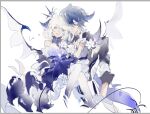  1boy 1girl blue_eyes blue_hair ciel_(elsword) closed_eyes demon_girl demon_horns demon_tail demon_wings dress elsword emptiness_(elsword) horns leaning_on_another leaning_on_person linbai22 looking_at_viewer luciela_r._sourcream short_hair sketch smile tail white_background white_hair wings 