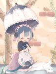  1boy apron blue_hair blush cat closed_eyes grass highres made_in_abyss male_child maruruk open_mouth otoko_no_ko shadow short_hair short_sleeves smile solo uis0 umbrella whistle whistle_around_neck white_cat 