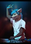  2022 anthro black_nose blue_hair canid canine claws digital_media_(artwork) fingers fur hair headphones hi_res male mammal open_mouth smile solo suzamuri tan_body tan_fur teeth tongue 