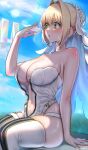  1girl absurdres ahoge bangs bare_shoulders blonde_hair blue_sky blush breasts center_opening cleavage fanning_face fate/extra fate/extra_ccc fate/grand_order fate_(series) flower_wreath green_eyes hair_between_eyes hair_intakes head_wreath highleg highleg_leotard highres large_breasts leotard long_hair navel nero_claudius_(bride)_(fate) nero_claudius_(fate) open_mouth sitting sky solo sweat thighhighs thighs veil white_legwear white_leotard yayoi_maka zipper 
