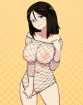  1girl black_hair blue_eyes breasts closed_mouth cowboy_shot fishnets girls_und_panzer highres huge_breasts long_hair looking_at_viewer navel nipples nonna_(girls_und_panzer) nude onsen_tamago_(hs_egg) orange_background smile solo 
