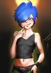  1girl belt black_nails black_tank_top breasts ed_edd_n_eddy eyeshadow freckles green_pants groin hair_over_one_eye highres kaze_fukeba_nanashi makeup marie_kanker pants parted_lips short_hair small_breasts smile solo tank_top wristband 