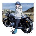  1girl absurdres black_pants blue_footwear blue_hair boots commentary cross-laced_footwear full_body grey_hoodie ground_vehicle highres hood hoodie lace-up_boots motor_vehicle motorcycle pants purple_eyes scarf shima_rin signature solo striped striped_scarf triumph_(motorcycle) yasu_(pixiv) yurucamp 