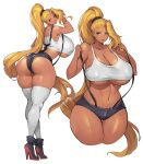  1girl absurdres ankle_boots ass bangs bare_arms bare_shoulders blonde_hair boots breasts cleavage closed_mouth commentary covered_nipples curvy dark-skinned_female dark_skin from_behind full_body gurimjang high_heels high_ponytail highres large_breasts lips long_hair looking_at_viewer looking_back midriff navel original ponytail pulled_by_self red_eyes shiny shiny_hair shiny_skin short_shorts shorts simple_background sleeveless smile standing stomach suspenders tank_top thighhighs thighs underboob white_background white_legwear white_tank_top 