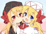  2girls baku-p black_capelet black_dress black_headwear blonde_hair blue_eyes blush capelet closed_mouth dress dual_persona fairy fairy_wings hair_between_eyes hat lily_black lily_white long_hair long_sleeves multiple_girls open_mouth red_eyes smile touhou upper_body white_capelet white_dress white_headwear wings 