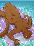  2022 anthro breasts brown_body crossed_legs dripping dripping_wet exhibitionism female floaty genitals hi_res inflatable jenny_(slither) kittydee komodo_dragon lizard monitor_lizard navel nipples non-mammal_breasts nude pool_float pussy reptile scalie smile solo water watermark wet yellow_eyes 