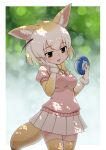 1girl :3 animal_ears blonde_hair blush bow bowtie brown_eyes cowboy_shot eating elbow_gloves extra_ears fennec_(kemono_friends) food fox_ears fox_girl fox_tail fur_trim gloves hoshino_mitsuki japari_bun japari_symbol kemono_friends kemono_friends_3 multicolored_hair open_mouth pink_sweater_vest pleated_skirt puffy_short_sleeves puffy_sleeves short_hair short_sleeves skirt solo sweater_vest tail thighhighs white_hair white_skirt yellow_bow yellow_bowtie yellow_gloves yellow_legwear zettai_ryouiki 