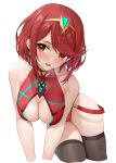  1girl absurdres bangs bare_shoulders black_legwear blush breasts chest_jewel cleavage cleavage_cutout clothing_cutout collarbone competition_swimsuit earrings highleg highleg_swimsuit highres jewelry large_breasts looking_at_viewer one-piece_swimsuit open_mouth pyra_(xenoblade) red_eyes red_hair red_swimsuit shenqi_xiao_hong_zai_nali short_hair sidelocks simple_background smile solo swept_bangs swimsuit thighhighs thighs tiara white_background xenoblade_chronicles_(series) xenoblade_chronicles_2 