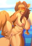  absurd_res anthro beach big_breasts breasts brown_body brown_fur censored female fur genitals hi_res kimako-desu lutrine mammal mustelid on_towel pussy seaside solo spread_legs spreading towel 