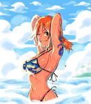  1girl arms_behind_head arms_up bikini bikini_top_only breasts brown_eyes cleavage cloud cloudy_sky english_commentary grin haidenisa large_breasts long_hair looking_at_viewer nami_(one_piece) navel one_eye_closed one_piece orange_hair partially_submerged sky smile solo swimsuit tattoo wet 
