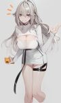 1girl absurdres breasts cellphone chyan cleavage cleavage_cutout clothing_cutout grey_eyes grey_hair grin halterneck highres large_breasts leaning_forward legs_together long_sleeves looking_at_viewer phone slit_pupils smile source_request thigh_strap thighs waving 