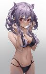  1girl absurdres bikini black_bikini blush braid breasts cleavage closed_mouth collarbone cone_hair_bun genshin_impact grey_background hair_bun hand_in_own_hair highres keqing_(genshin_impact) looking_at_viewer medium_breasts monmo_mu navel purple_eyes purple_hair solo swimsuit twintails 