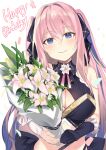  1girl absurdres blue_eyes bouquet breasts cleavage copyright_request flower gloves gold_trim happy_birthday highres holding holding_bouquet holding_flower jill_07km lily_(flower) long_hair pink_hair smile solo white_flower 