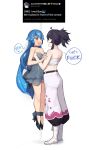  !? 2girls ahoge bao_(vtuber) belt black_hair blue_hair breasts dasdokter dress english_text eye_contact grey_dress heart heart-shaped_pupils height_difference high_heels highres indie_virtual_youtuber kson lauren_phillips_lifting_alice_merchesi_(meme) lifting_person long_hair looking_at_another meme multiple_girls open_mouth pants sarashi shoes speech_bubble standing symbol-shaped_pupils very_long_hair virtual_youtuber vshojo white_pants yuri 