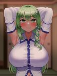  1girl absurdres armpits blurry blurry_background blurry_foreground blush breasts depth_of_field detached_sleeves frog_hair_ornament green_eyes green_hair hair_ornament highres kochiya_sanae large_breasts long_hair looking_at_viewer mimasi_osuwari nontraditional_miko snake_hair_ornament sweat touhou 